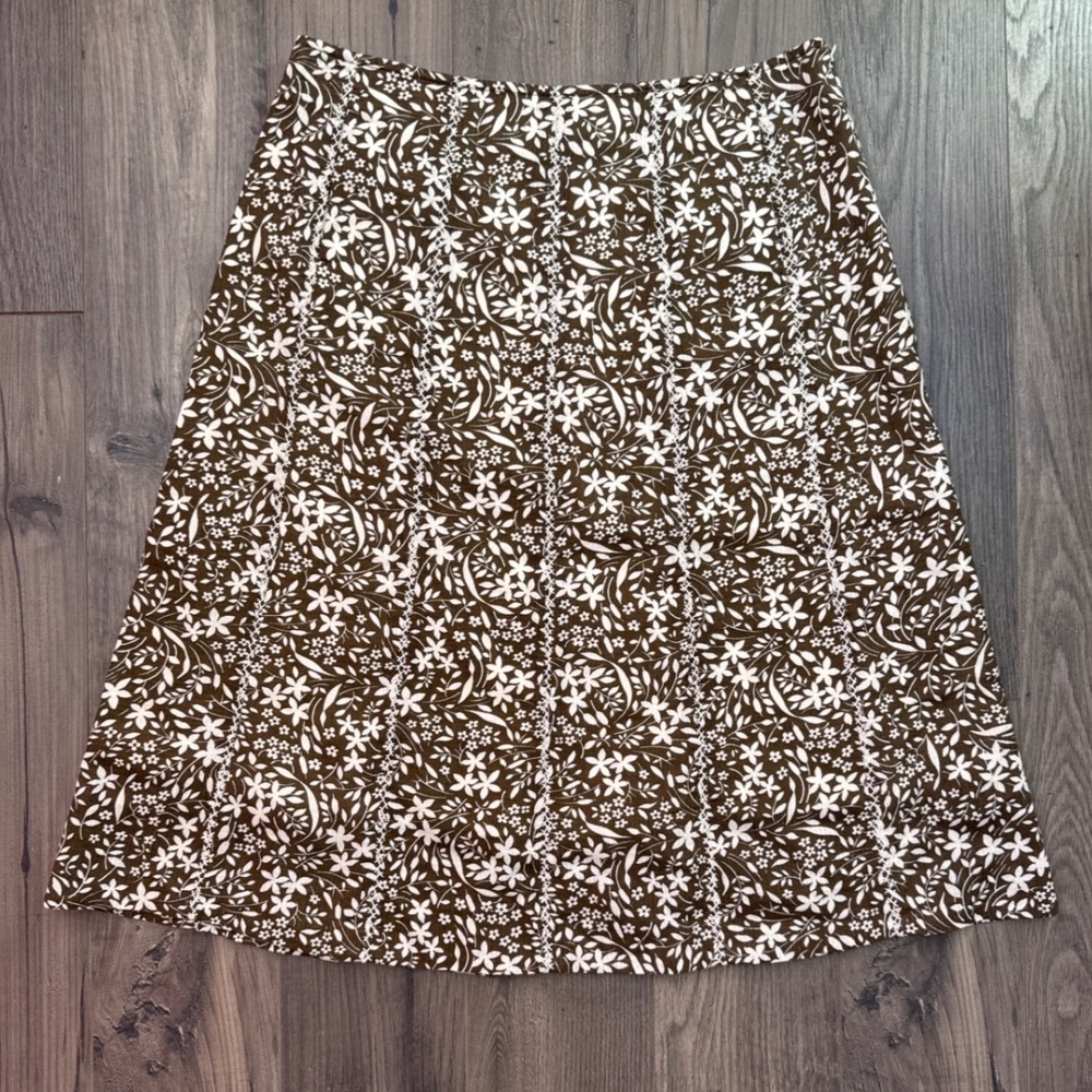 Eddie‎ Bauer Womens Skirt Brown White Floral Print A-Line Midi Size 8